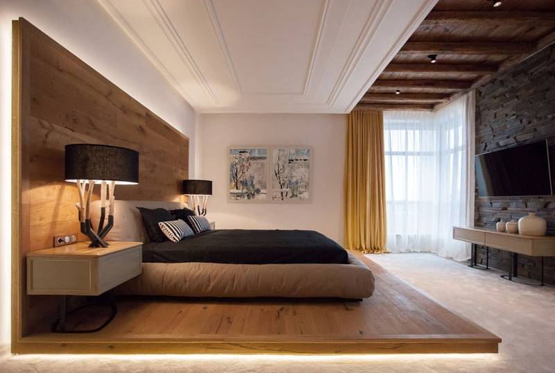 Wooden platform bed with lighting