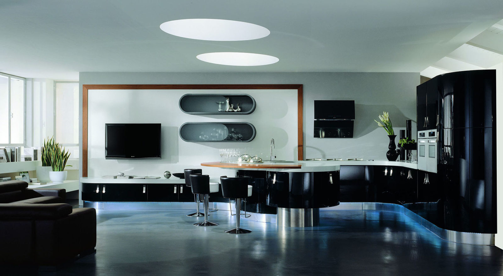 Curved black kitchen